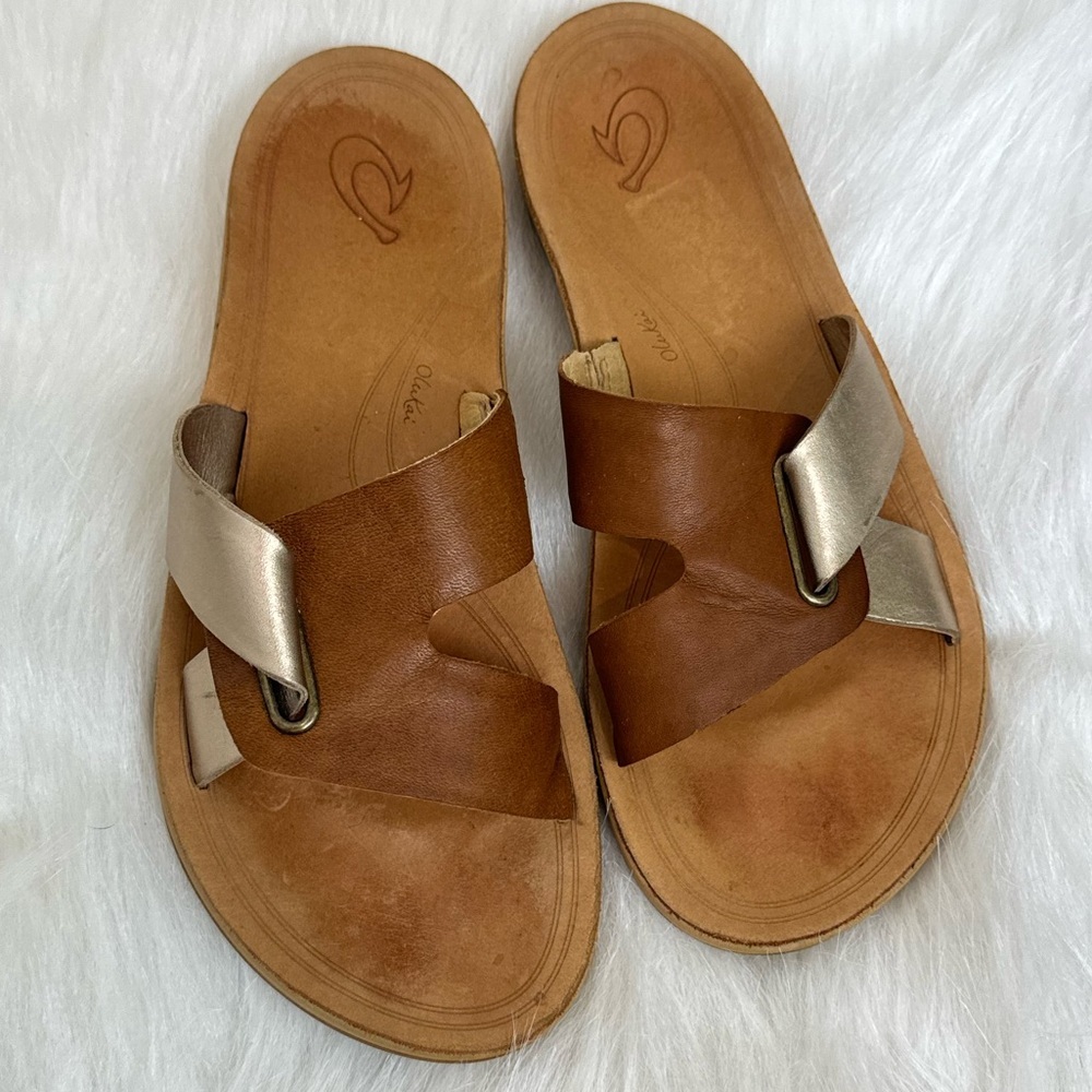 Leather Slide Sandals in Brown with Metallic Accent